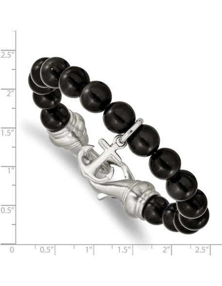 Chisel Stainless Steel Brushed Nautical Ship Mariner Anchor Black Agate Beaded Bracelet