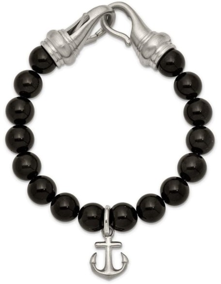 Chisel Stainless Steel Brushed Nautical Ship Mariner Anchor Black Agate Beaded Bracelet