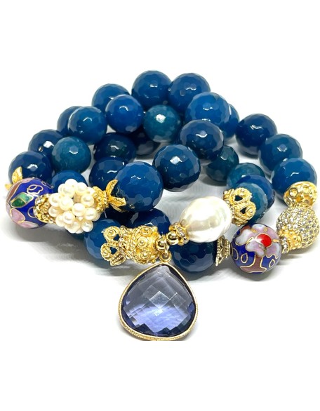 Blue Agate Gemstone Beaded Bracelet Set Of 3 Pieces