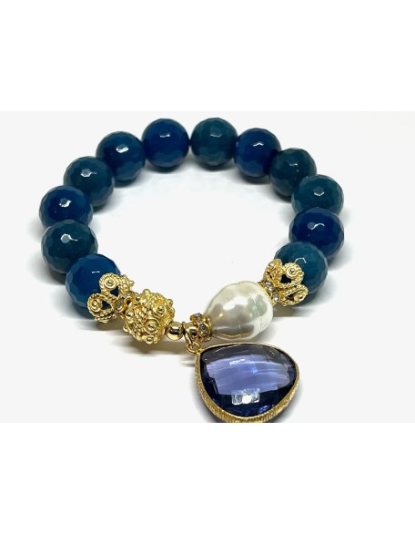 Blue Agate Gemstone Beaded Bracelet Set Of 3 Pieces